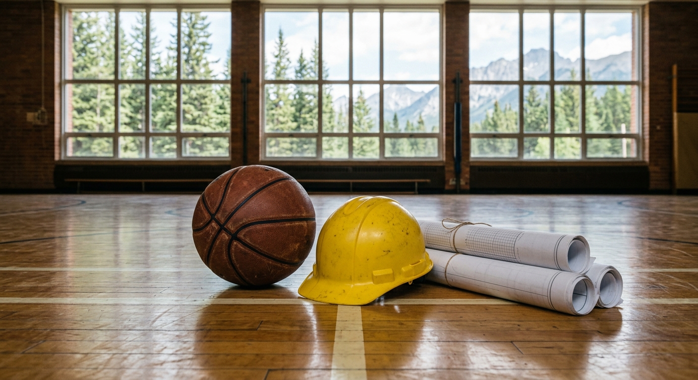 a leather basketball, a yellow construction hard hat, and rolled-up architectural blueprints resting on a polished wooden gymnasium floor, with large windows in