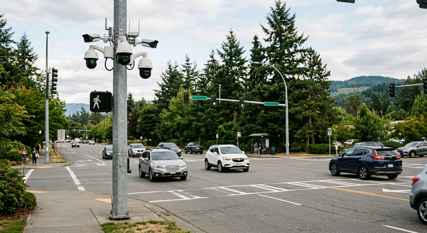 a set of security cameras mounted on a metal traffic pole at a suburban intersection, overlooking a paved road with cars passing by, evergreen trees and distant