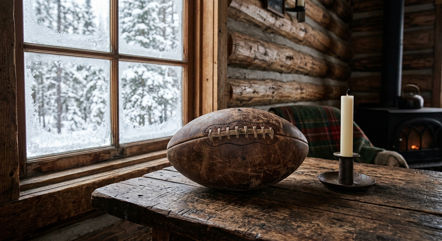 a vintage, scuffed leather American football resting next to an unlit white candle on a rough-hewn wooden table inside a cozy log cabin, with snow-covered pine