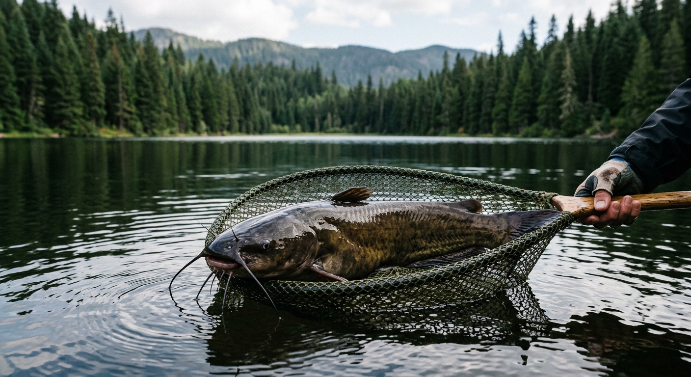 a large bullhead catfish resting gently in a wet fishing net just above the surface of a calm mountain lake surrounded by pine trees, natural everyday lighting,