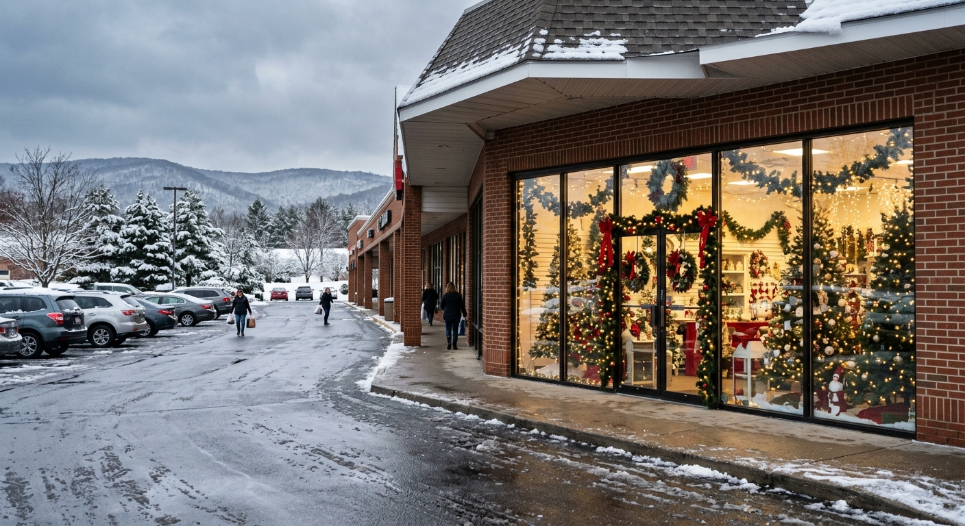 a temporary seasonal holiday retail store in an outdoor suburban strip mall, featuring large glass storefront windows revealing artificial Christmas trees, fest