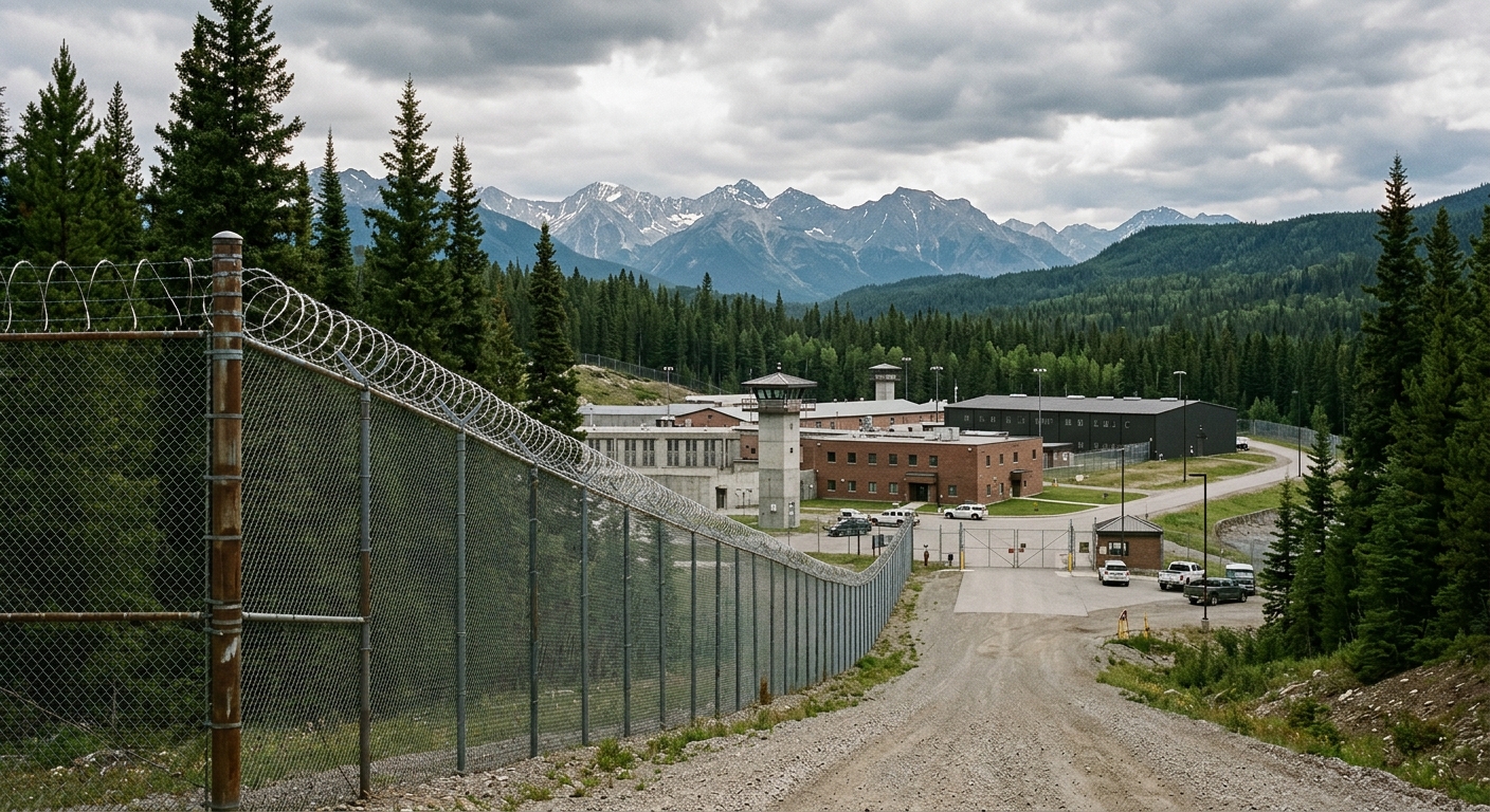 the exterior of a rural correctional and rehabilitation center surrounded by tall pine trees and distant rugged mountains under an overcast sky, a tall chain-li