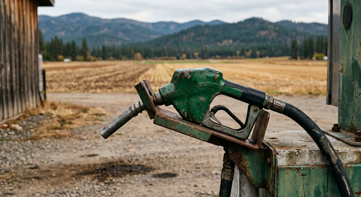 a weathered green diesel fuel pump nozzle resting in its holster at a rural gas station, with an out-of-focus background showing harvested agricultural fields a