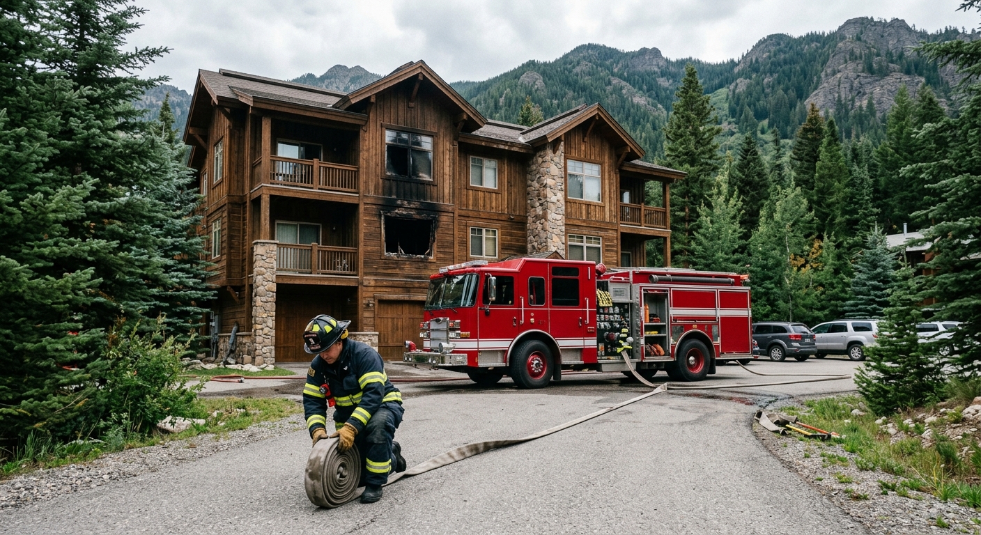 a generic fire engine parked outside a rustic wood and stone condominium building in a mountainous neighborhood, a firefighter in turnout gear rolling up a canv