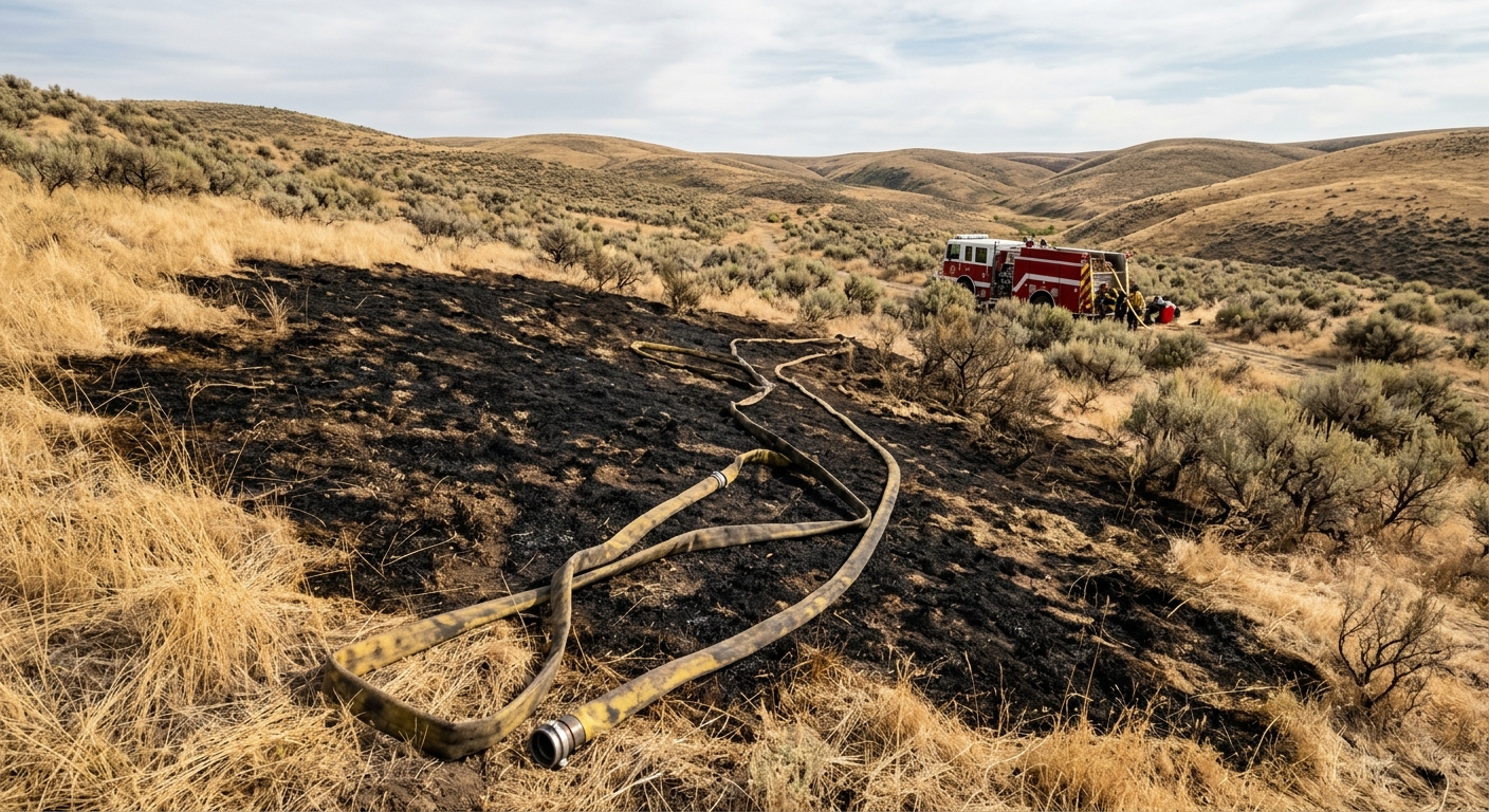 a scorched patch of dry, golden grass on a rolling foothill, with a heavy fire hose lying across the blackened earth and a rural wildland fire engine parked in