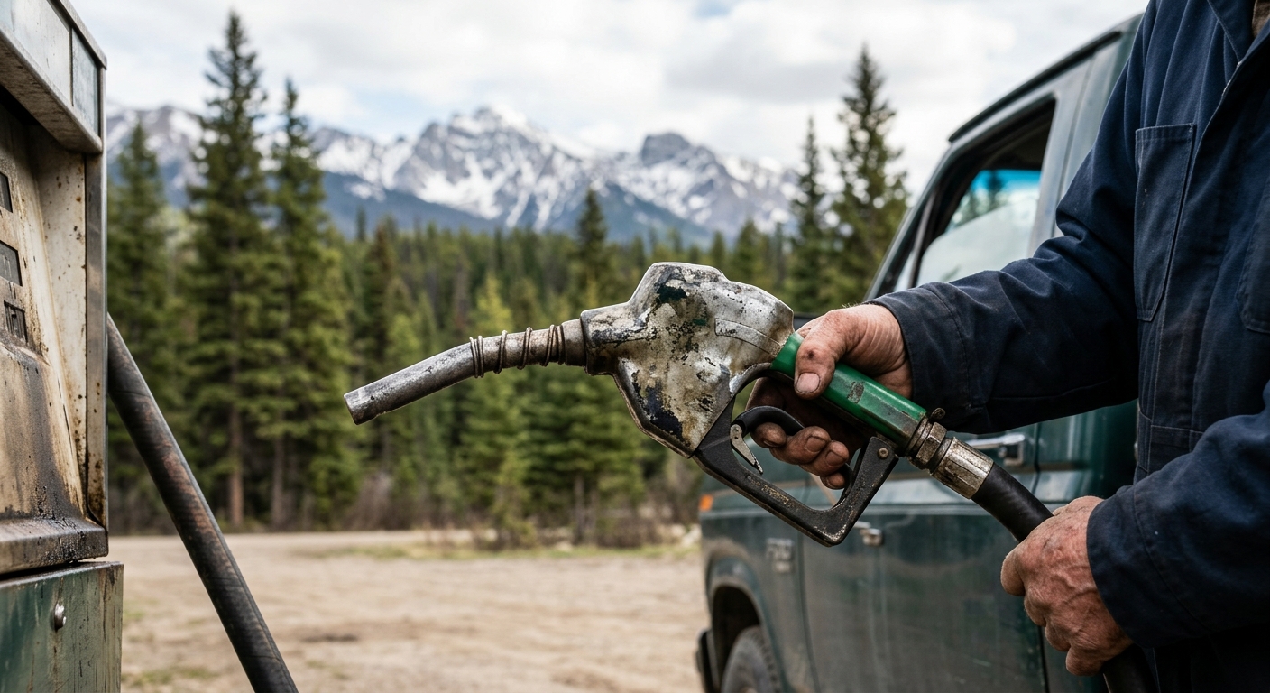 a close-up of a weathered diesel fuel nozzle at a rural filling station, with a soft background of tall pine trees and rugged mountains, natural everyday lighti
