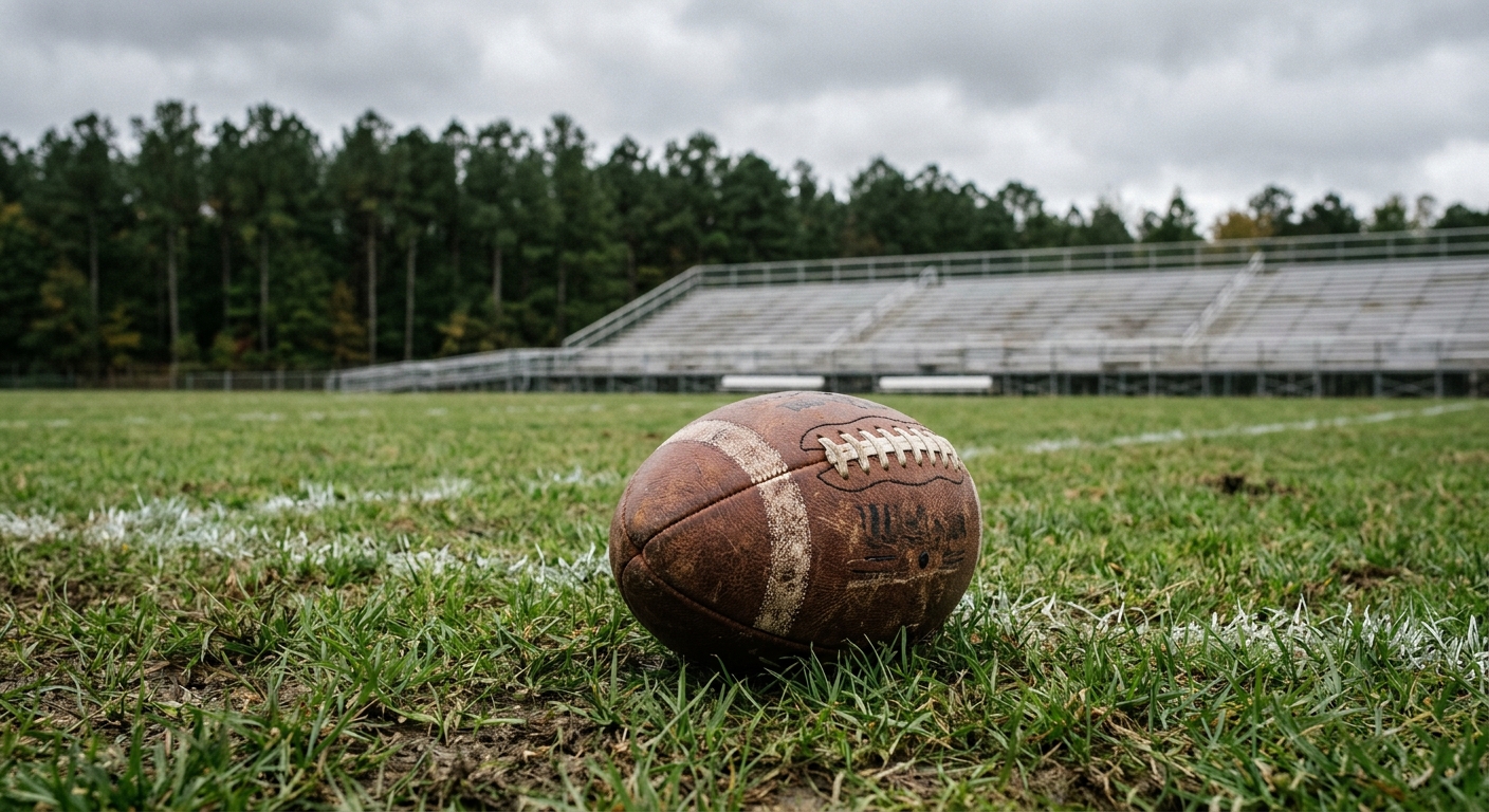 a well-worn leather American football resting on a grassy athletic field, with empty aluminum stadium bleachers and tall pine trees under an overcast sky in the