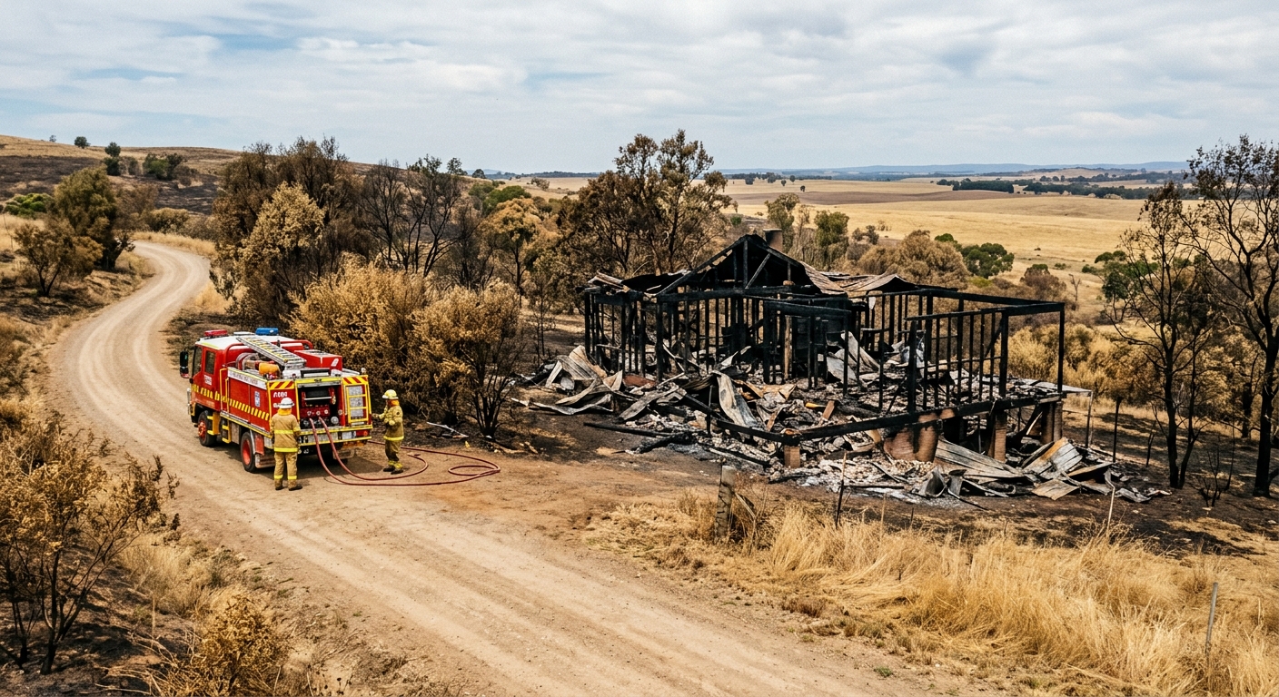 the charred remains of a rural residential home after a devastating fire, with a generic red fire engine parked nearby on a dirt road, surrounded by dry brush a