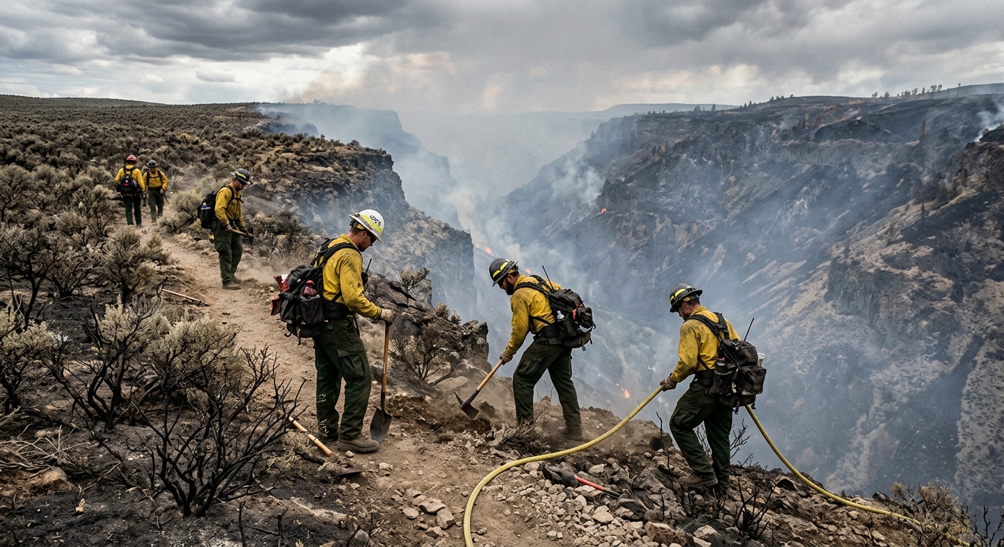 wildland firefighters working along the edge of a smoky, smoldering canyon landscape in Idaho, surrounded by charred sagebrush and rugged terrain under overcast