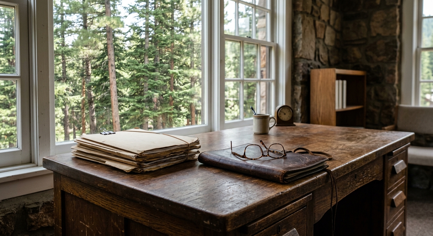 a heavy wooden desk in a local government office, featuring a stack of thick manila folders, a leather portfolio, and a pair of reading glasses, with tall pine