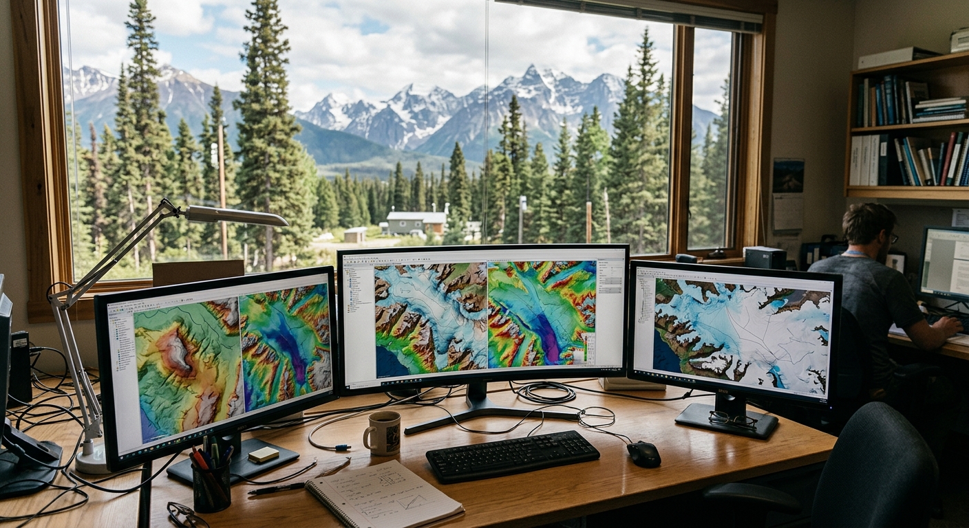 a desk in a scientific research office featuring computer monitors displaying topographical maps of ice sheets, with a window in the background showing a rugged