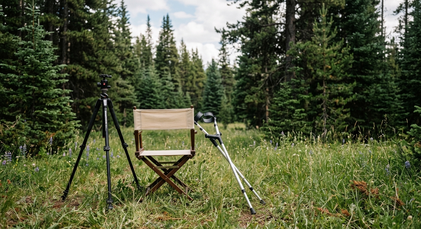 a blank canvas folding chair alongside a camera tripod and a pair of forearm crutches resting in a grassy meadow surrounded by tall pine trees, natural everyday