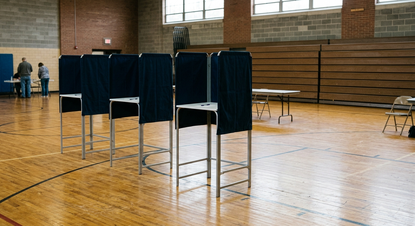 simple blank privacy voting booths set up on the polished wooden floor of a local community center gymnasium, with folded bleachers in the background, represent