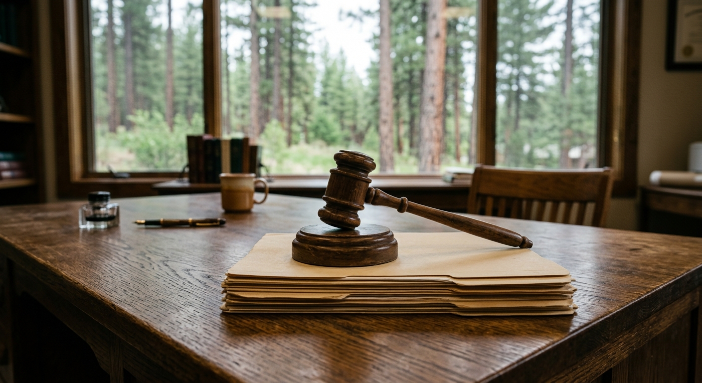 a wooden gavel resting on top of closed manila folders on a large oak desk in a quiet office, with a window showing tall pine trees in the background, natural e