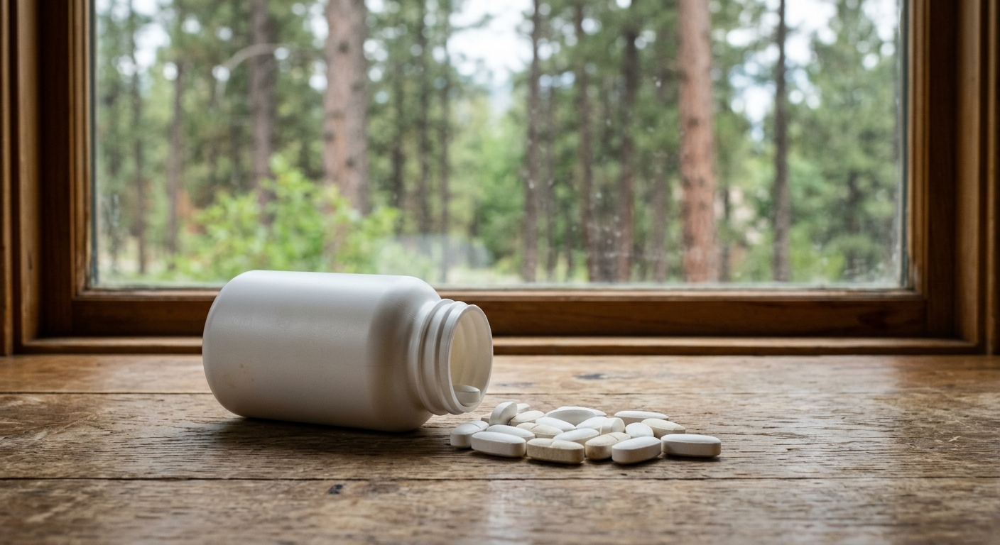 a blank white plastic medicine bottle resting on its side on a rustic wooden kitchen counter, with several white and slightly off-white oval pills spilled out,