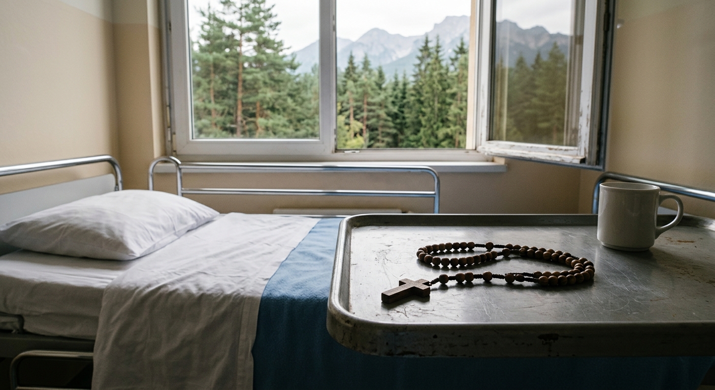 a simple wooden rosary resting on a metal hospital tray table next to an empty patient bed, with a view of evergreen pine trees and distant mountains through th