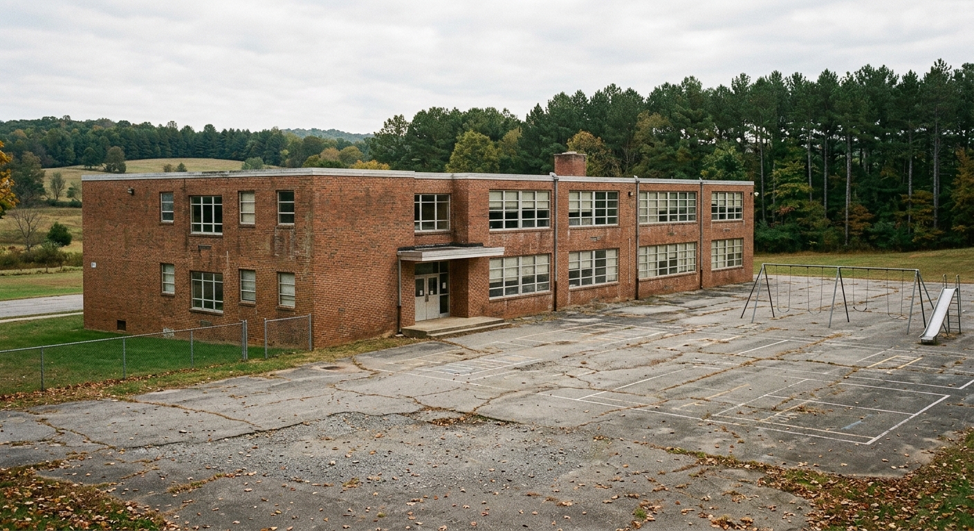an aging, mid-century brick school building with slightly weathered exterior walls and a worn asphalt playground, set against a rural landscape with distant pin