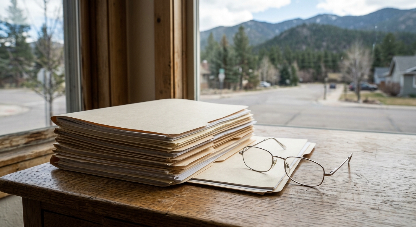 a stack of thick manila folders and blank paperwork beside a pair of wire-rimmed reading glasses on a rustic oak desk, with a blurred window in the background r