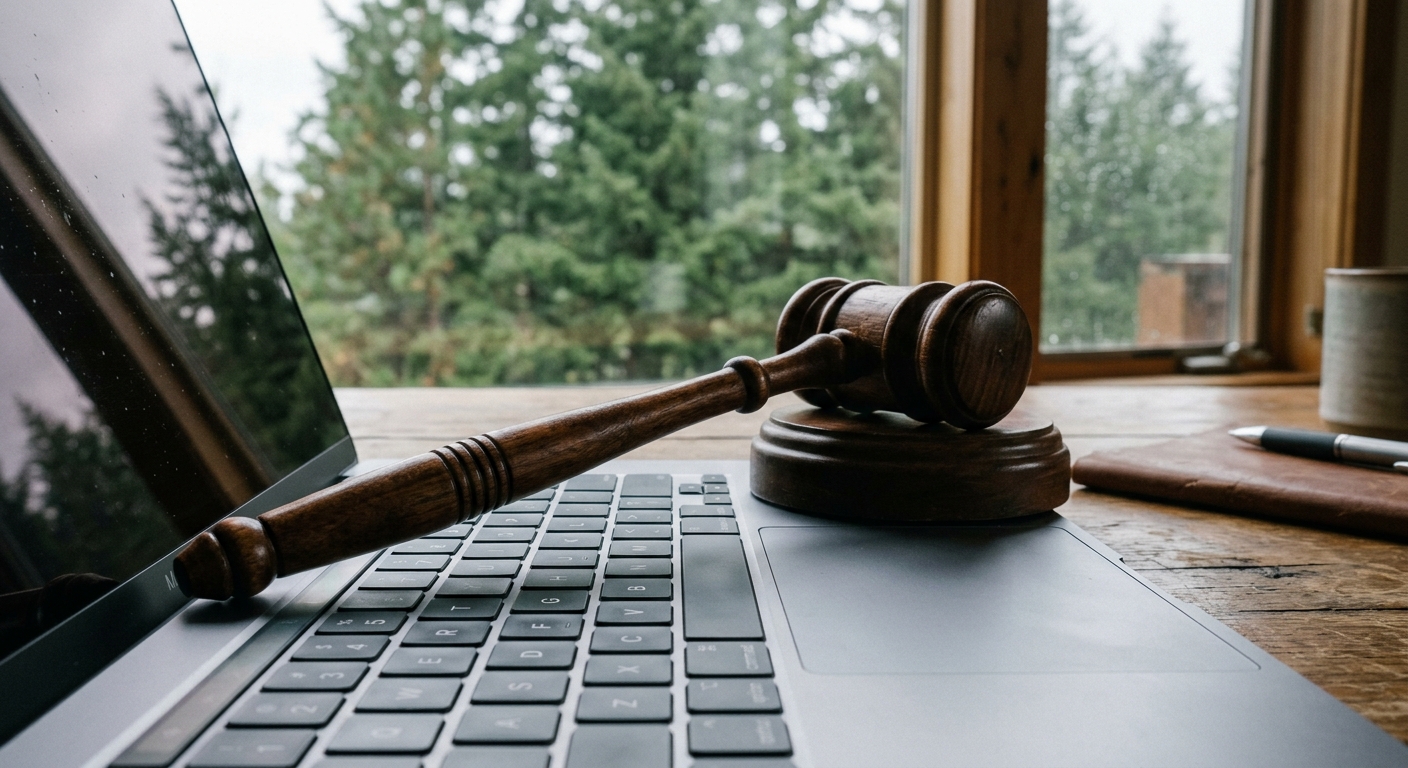 a wooden legal gavel resting on the open keyboard of a modern laptop on an office desk, with a blurred window in the background showing evergreen pine trees, na
