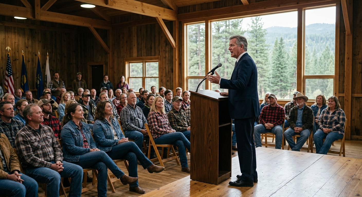 a generic political candidate in a dark suit speaking from a simple wooden podium to a crowd of local residents wearing denim and flannel in a rural community c