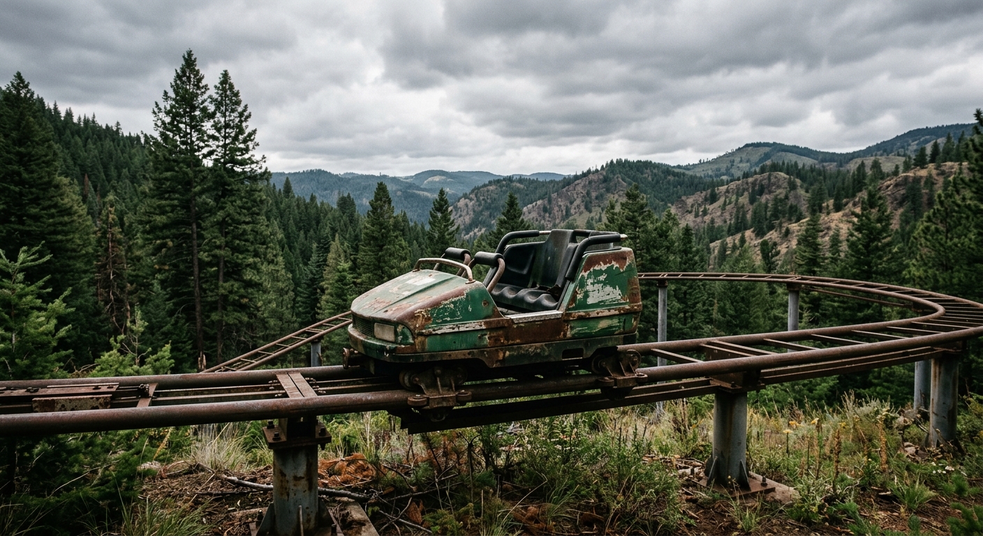 an empty, weathered rollercoaster car parked on a metal track with visible chipped paint and signs of wear, surrounded by tall pine trees and rugged hills under