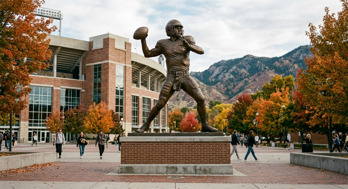 a towering, freshly installed bronze statue of a college football quarterback preparing to throw a pass, standing on a brick and concrete plaza outside a large