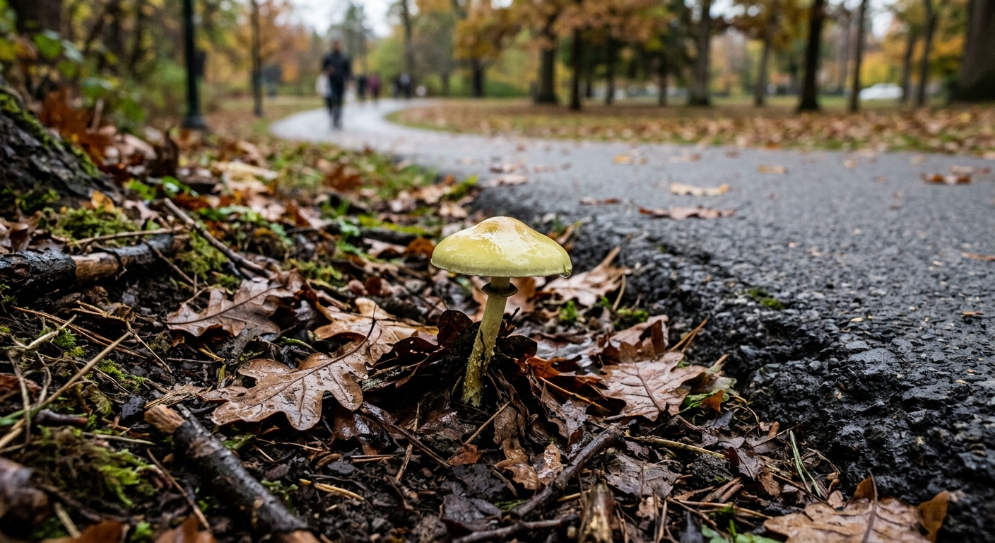 a pale, yellowish-green wild mushroom growing among damp soil and fallen brown oak leaves near the edge of a paved walking path in an urban park, natural everyd