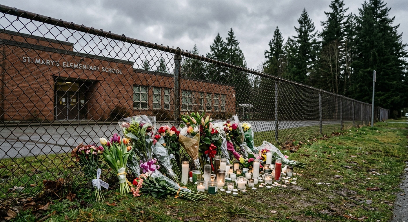 a spontaneous memorial consisting of bouquets of flowers and small candles placed on the grass next to a chain-link fence outside a brick elementary school buil