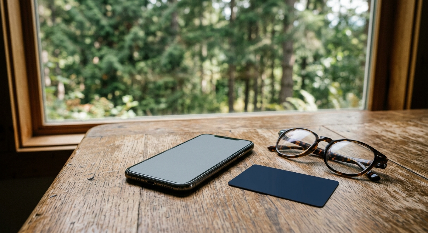 a smartphone lying face up on a rustic wooden dining table next to a blank plastic bank card and a pair of reading glasses, with an out-of-focus window showing