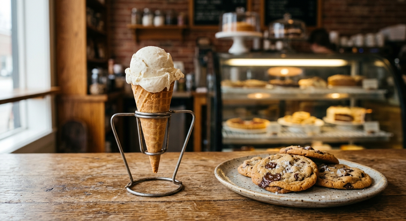 a scoop of vanilla ice cream in a cake cone resting in a metal stand on a rustic wooden counter, next to a plate of fresh homemade cookies, inside a cozy small-