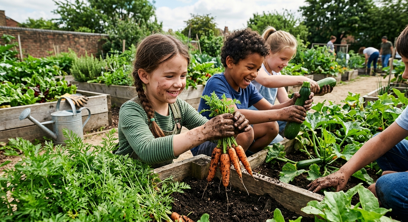 elementary school children pulling fresh carrots and zucchini from the soil in an urban community garden, their hands slightly covered in dirt, surrounded by gr
