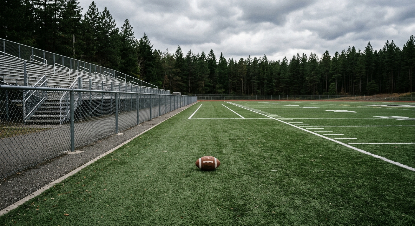an empty high school football field with chain-link fencing and metal bleachers, a single football resting on the artificial turf, surrounded by distant pine tr