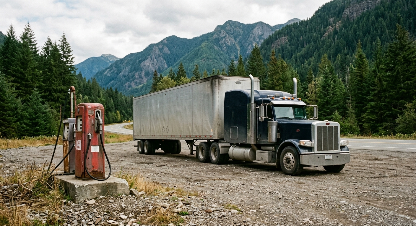 a large commercial semi-truck parked idly on a gravel lot near a rural highway, with pine trees and rugged mountains in the background, a worn diesel fuel pump