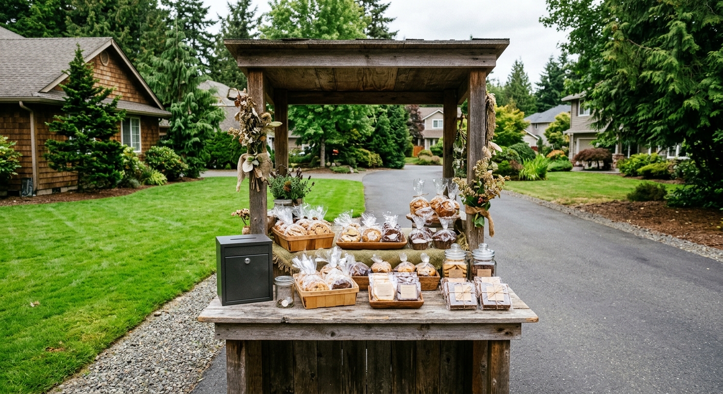 a small, rustic wooden snack stand displaying assorted wrapped baked goods and treats on a suburban driveway, surrounded by green lawns and typical Pacific Nort