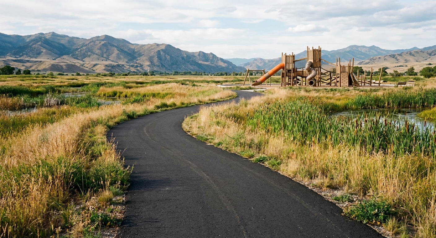 a newly paved walking path winding through a large public park featuring restored natural wetlands, tall native grasses, and a large modern wooden playground st