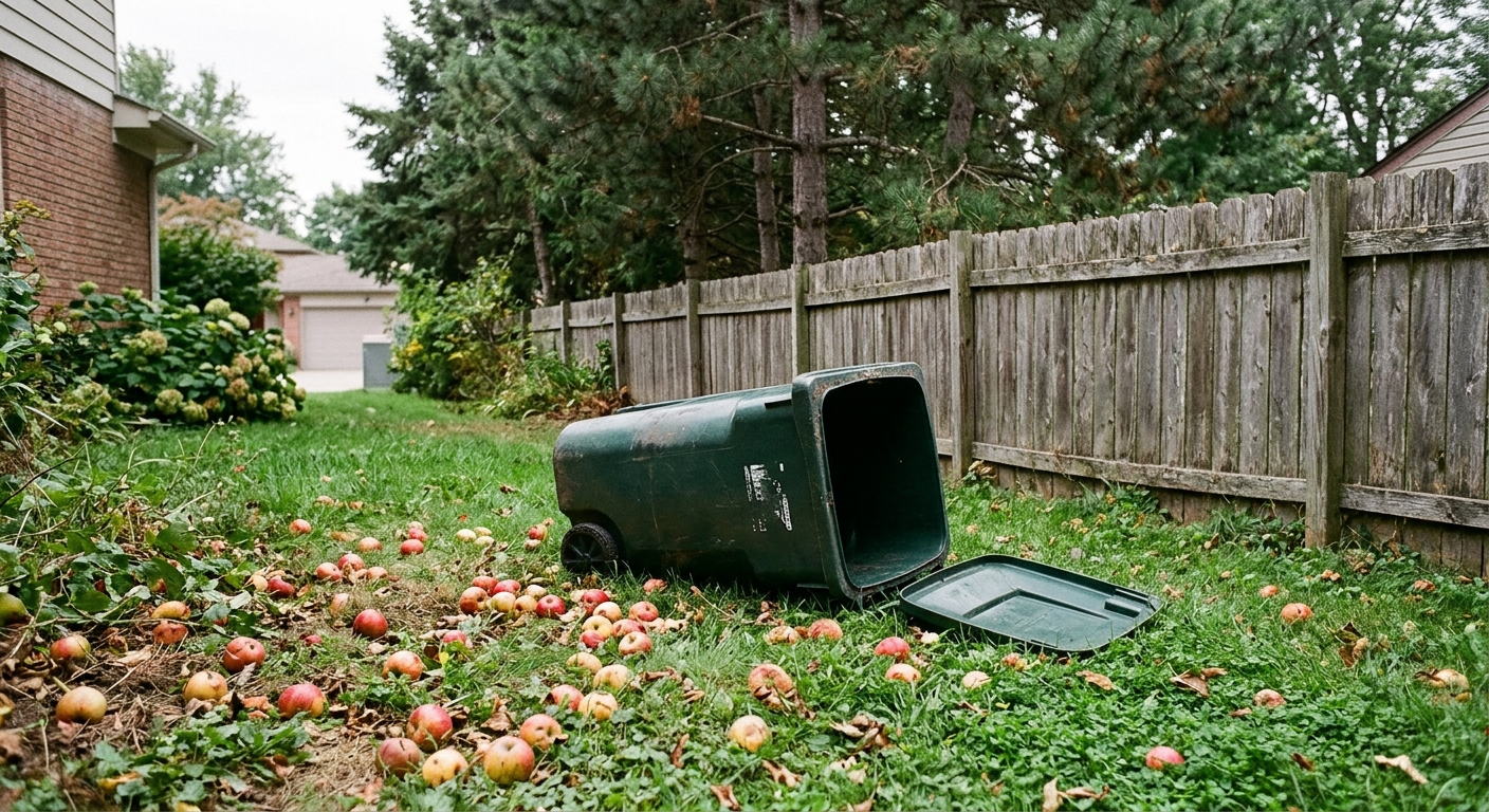 an unsecured plastic garbage bin and fallen apples on the grass next to a weathered wooden fence in a suburban residential backyard with pine trees, natural eve