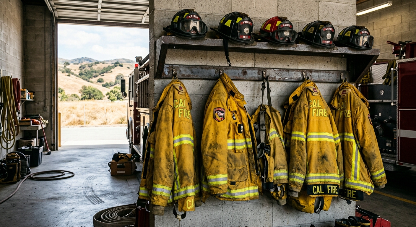 heavy yellow firefighting coats and protective helmets hanging on a metal rack inside a modest, slightly worn fire station garage, with a view of dry, grassy fo