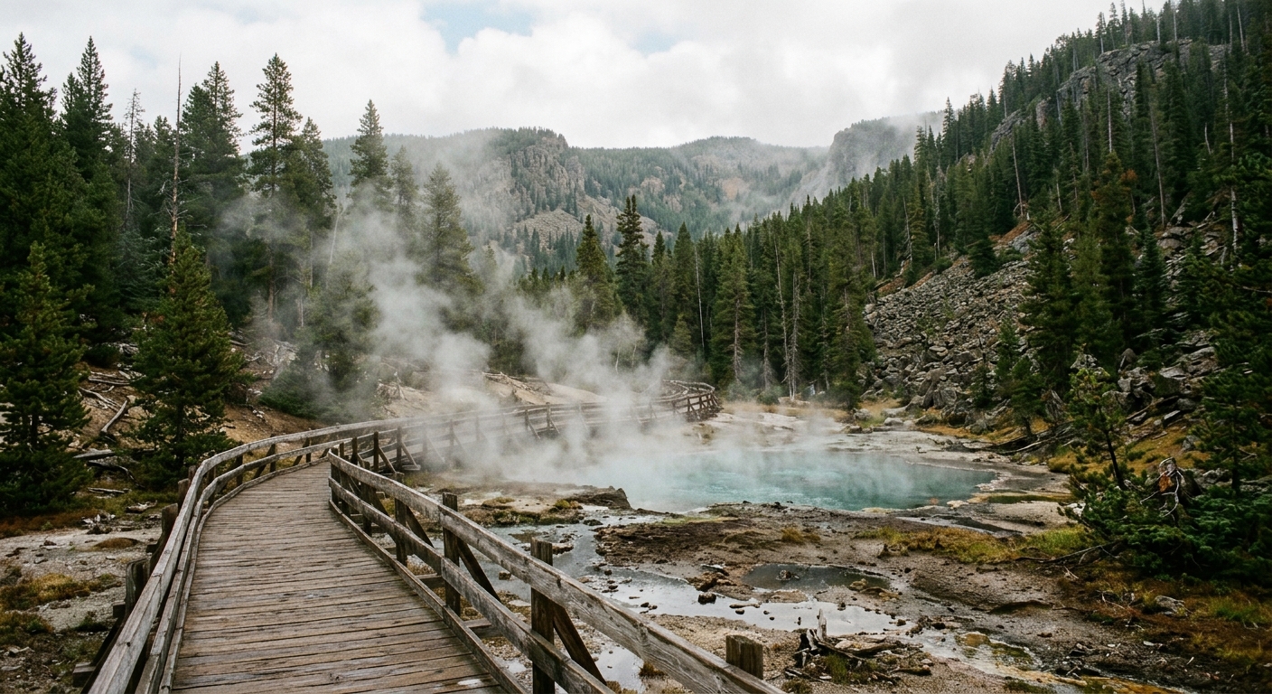 a steaming thermal hot spring surrounded by a rugged landscape of tall pine trees and rocky terrain, with a weathered wooden boardwalk winding through the misty