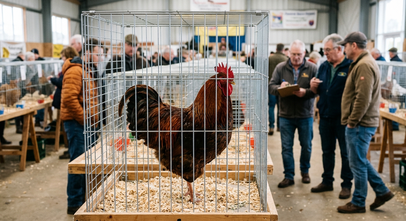 a large, well-groomed rooster in a wire exhibition cage at a bustling indoor agricultural fairground, blurred figures of local breeders and judges examining pou