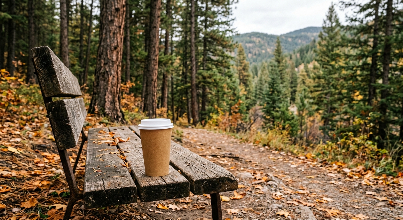 a plain paper coffee cup sitting on a rustic wooden bench in a rural mountain town park, surrounded by tall pine trees and fallen autumn leaves, natural everyda