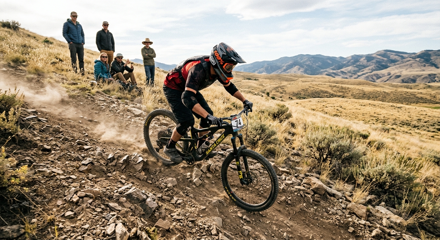a mountain biker wearing protective gear navigating a steep, rocky dirt trail on a rugged hillside, kicking up a small amount of dust, with dry golden grassy fo