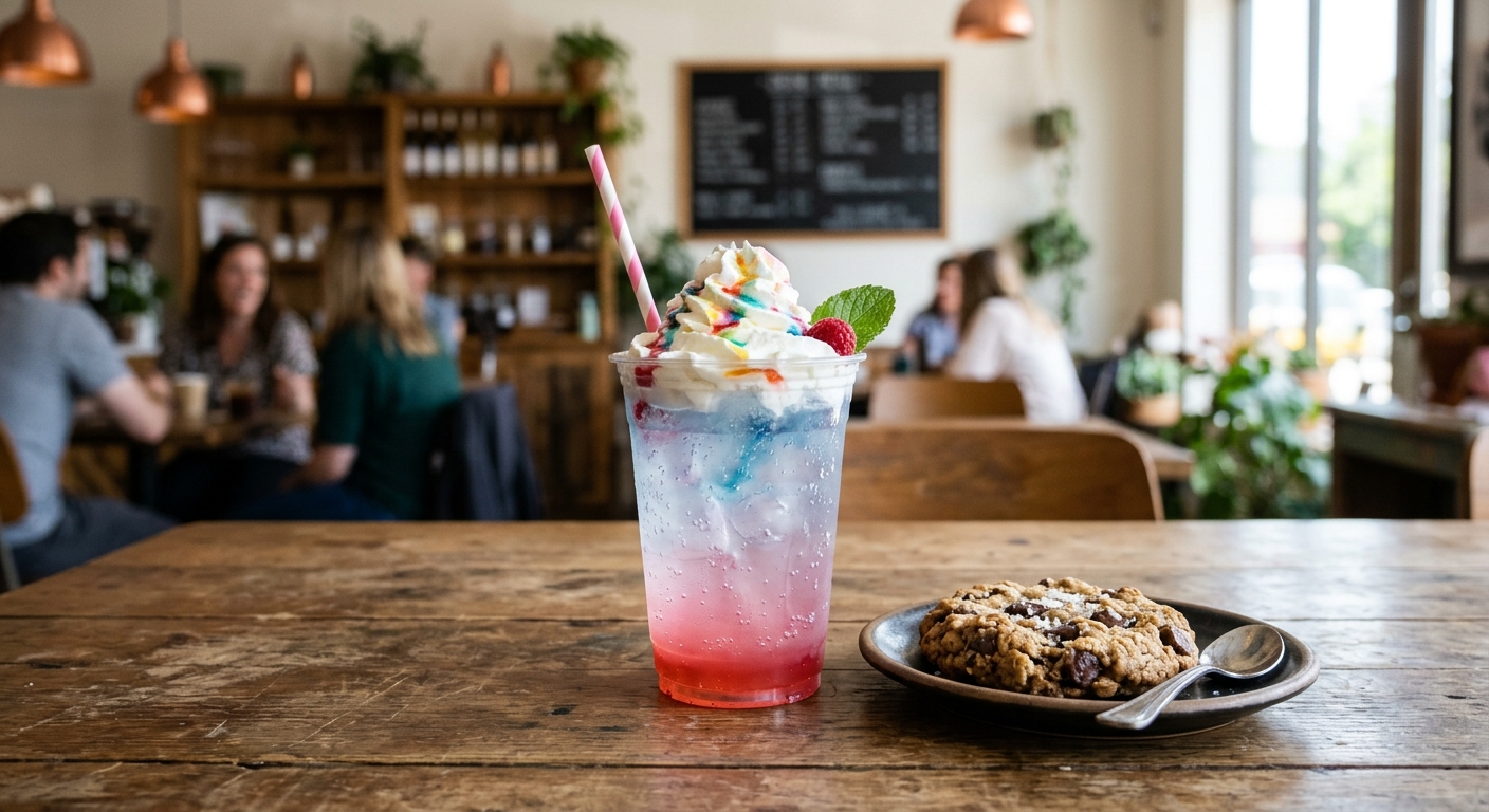 a blank clear plastic cup filled with a colorful iced specialty soda topped with whipped cream, sitting next to a thick homemade cookie on a wooden café table,