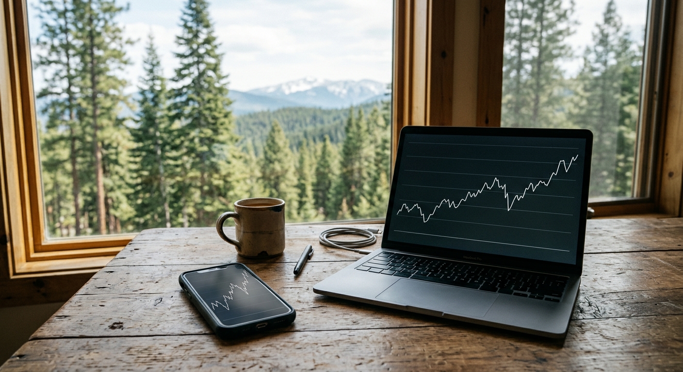 an open laptop computer and a smartphone resting on a thick, rustic wooden desk, displaying simple financial line graphs on the screens, with a view through a n