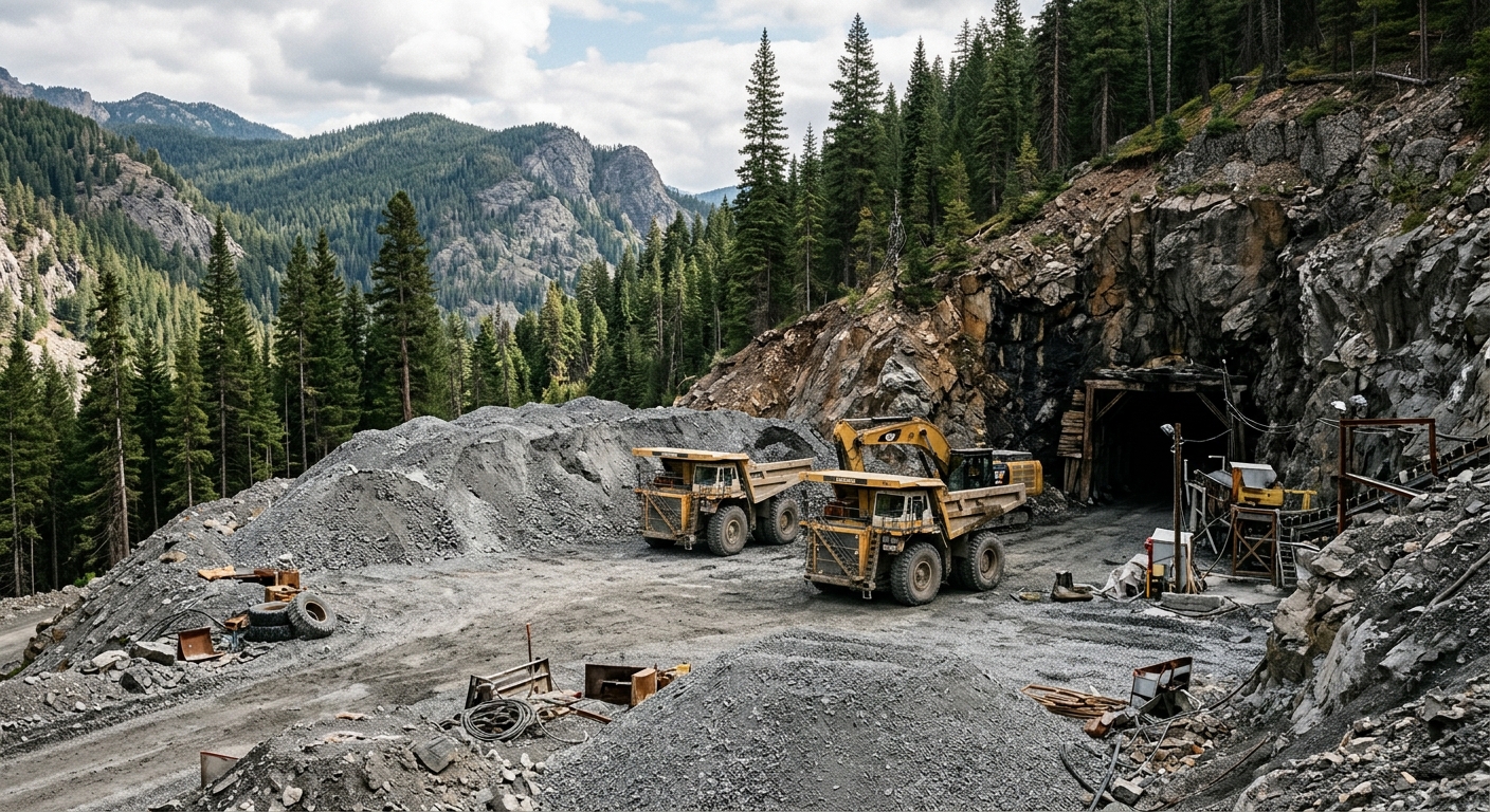 heavy industrial mining equipment parked near the dark entrance of a rocky mine shaft, surrounded by piles of crushed grey ore and tall pine trees in a rugged m