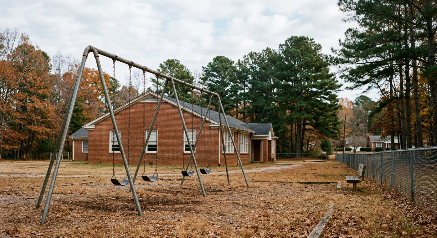 a quiet, empty playground with a metal swing set standing outside a traditional single-story brick elementary school building in a suburban neighborhood, surrou