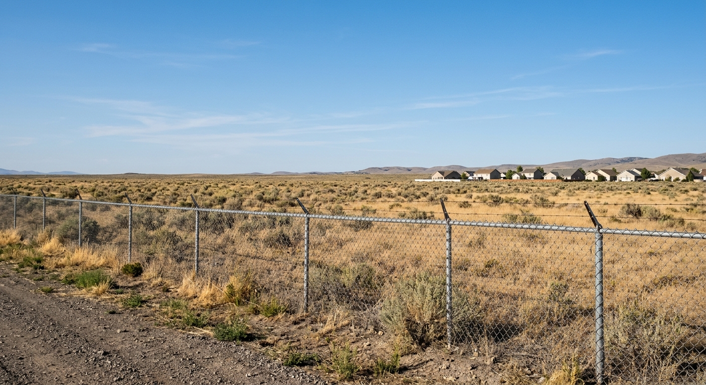 a chain-link fence bordering a large, dry, flat field of sagebrush and yellow grass, with a few single-family suburban houses visible in the distance under a cl