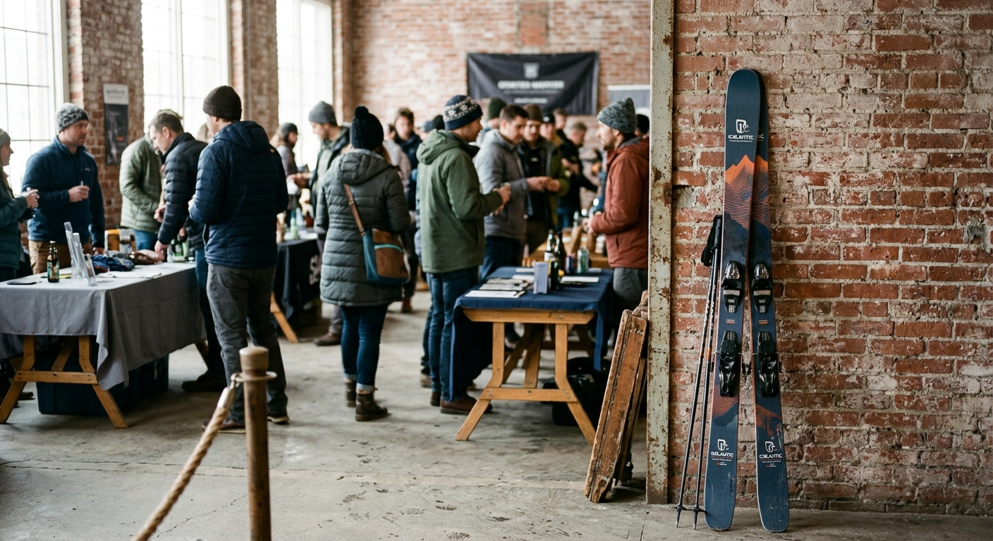 a pair of alpine skis leaning against an exposed brick wall inside a bustling event venue, with blurred attendees wearing casual winter jackets and beanies ming