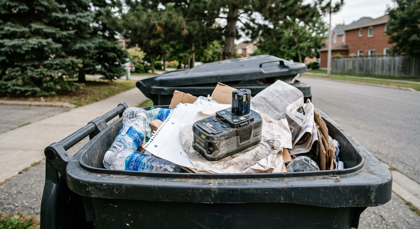 a discarded, slightly damaged rechargeable power tool battery mixed in with crumpled paper and empty plastic bottles inside a large residential outdoor garbage