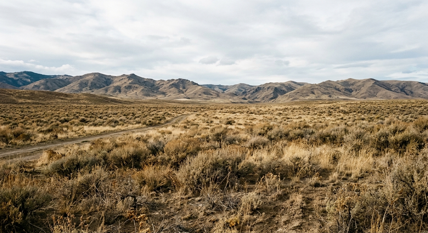 an expansive empty plot of dry, undeveloped industrial land covered in sagebrush and brown grass, with rolling hills in the distance typical of the rural Idaho