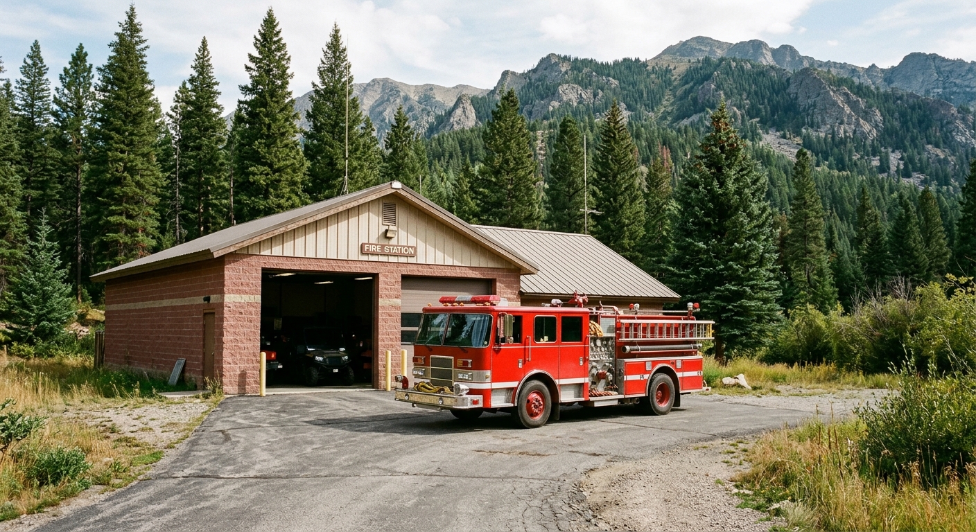 a red fire engine parked on an asphalt driveway outside a small municipal fire station, with tall pine trees and rugged mountain foothills in the background, na